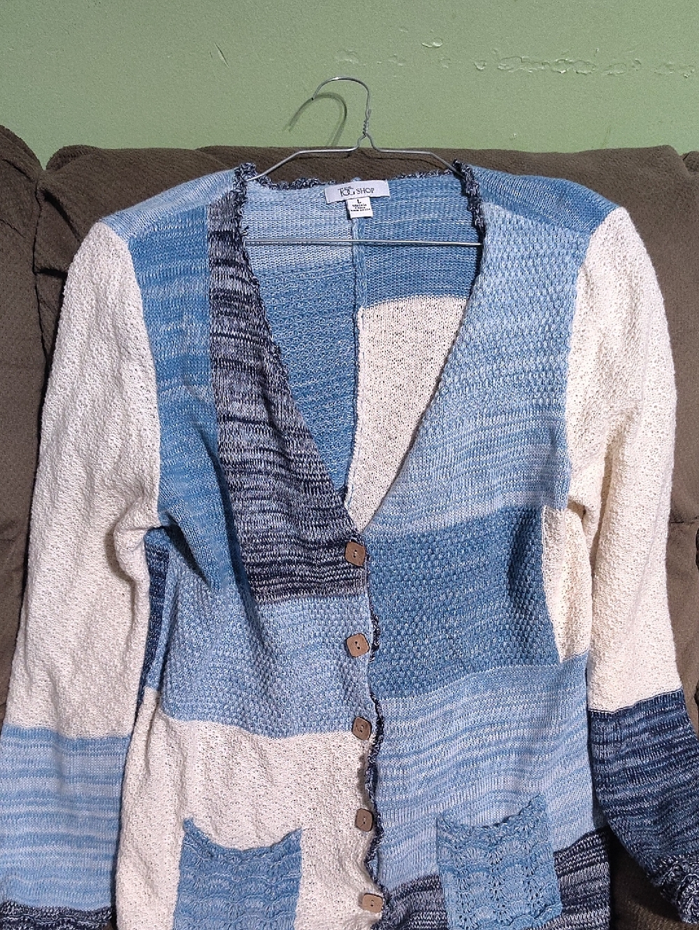 Coldwater Creek Blue & Cream Patchwork Knit Cardigan